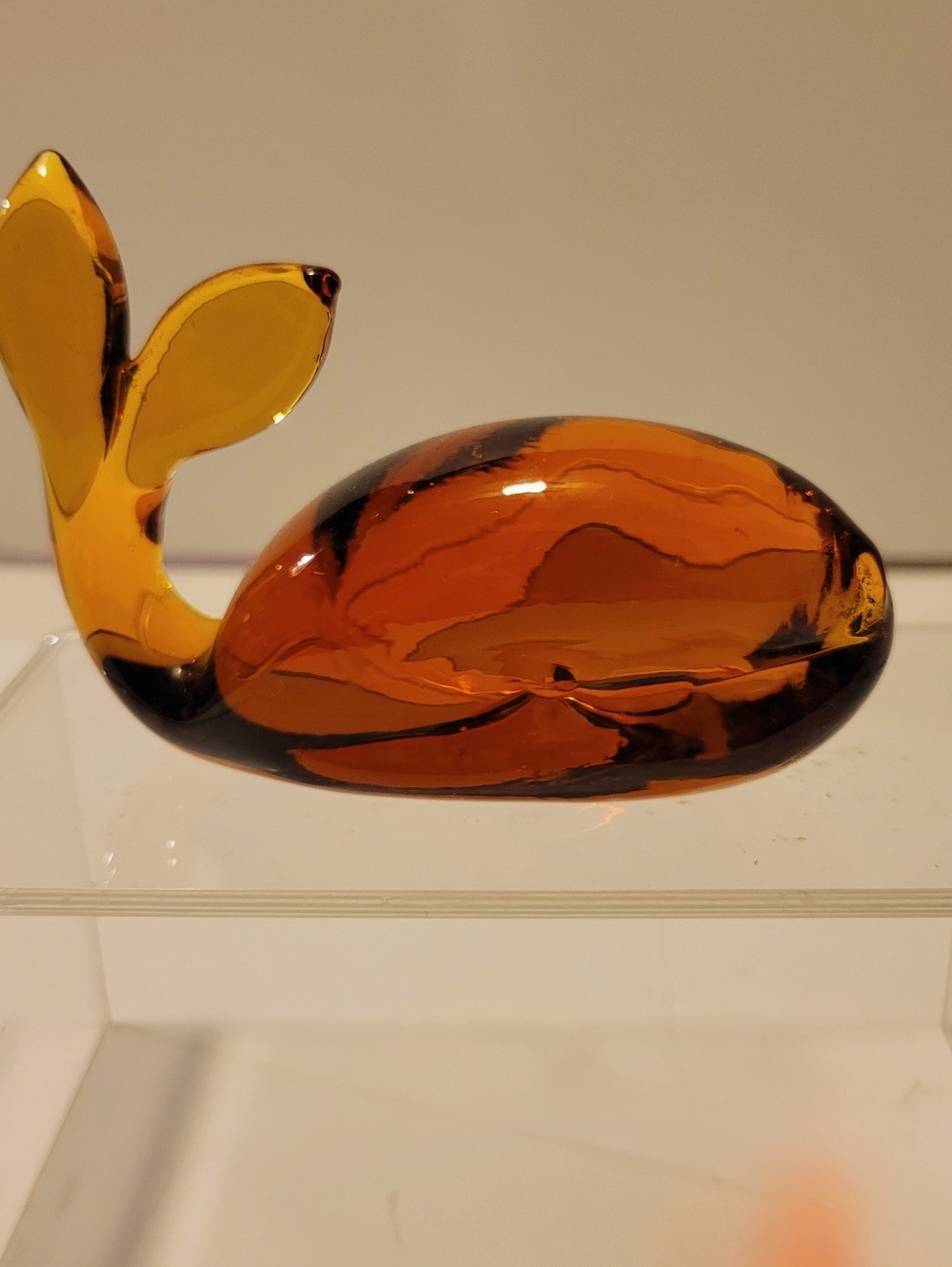 VINTAGE MCM Amber Glass WHALE Figurine Paperweight Handblown